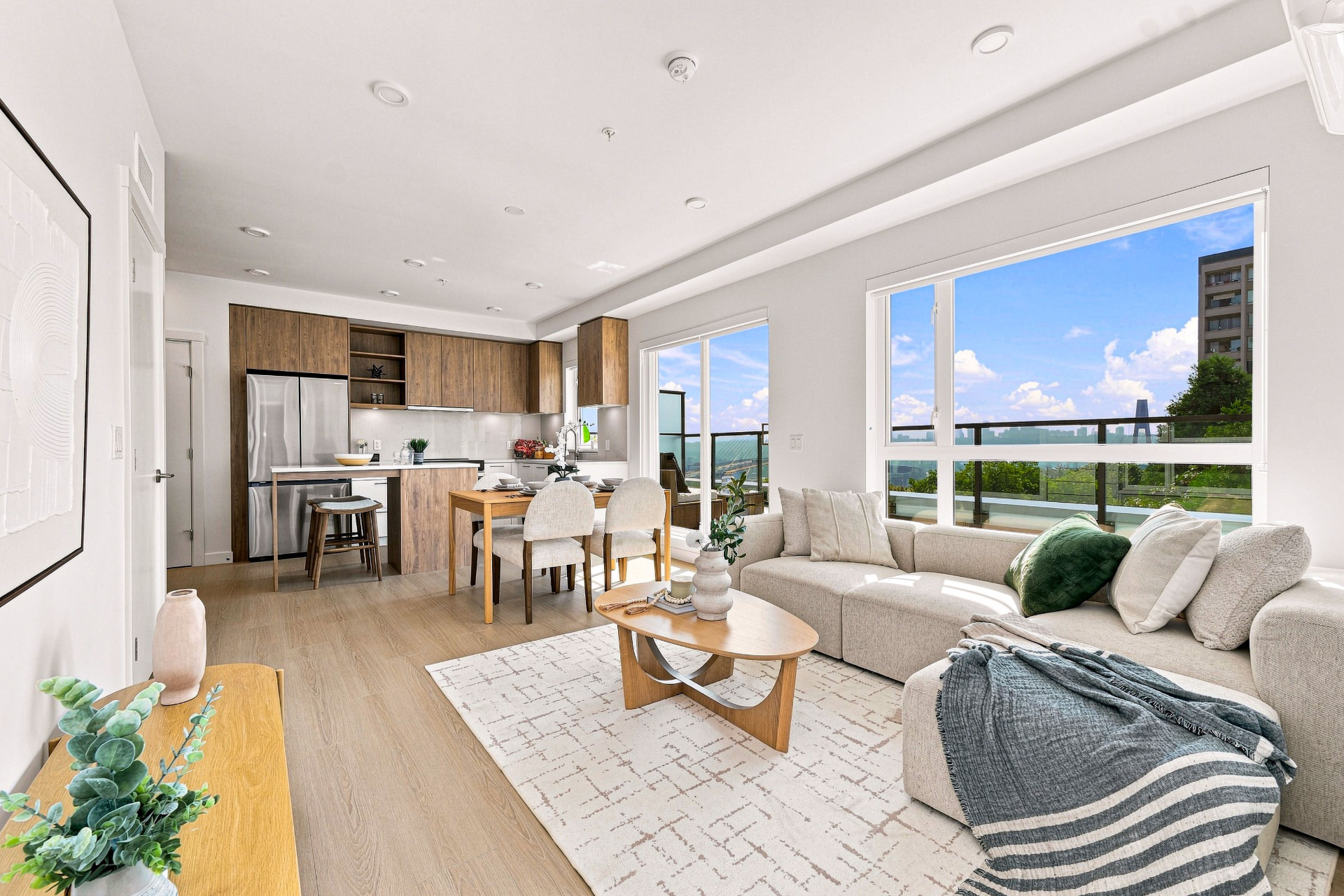 Brand-new kitchen with Samsung appliances and quartz countertops at First & Royal